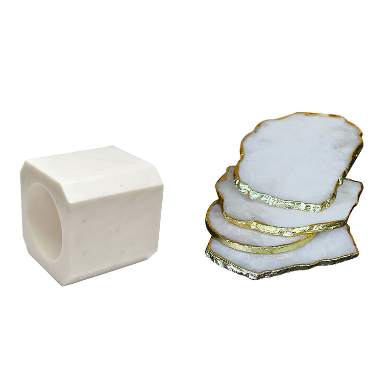 Square Marble Wine Bottle Holder & White Quartz Semi Precious Coaster Set of  4