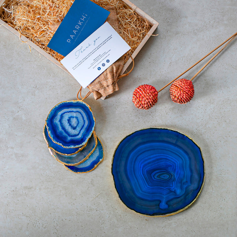 Blue Agate Semi Precious Platter & Coasters Set of 4